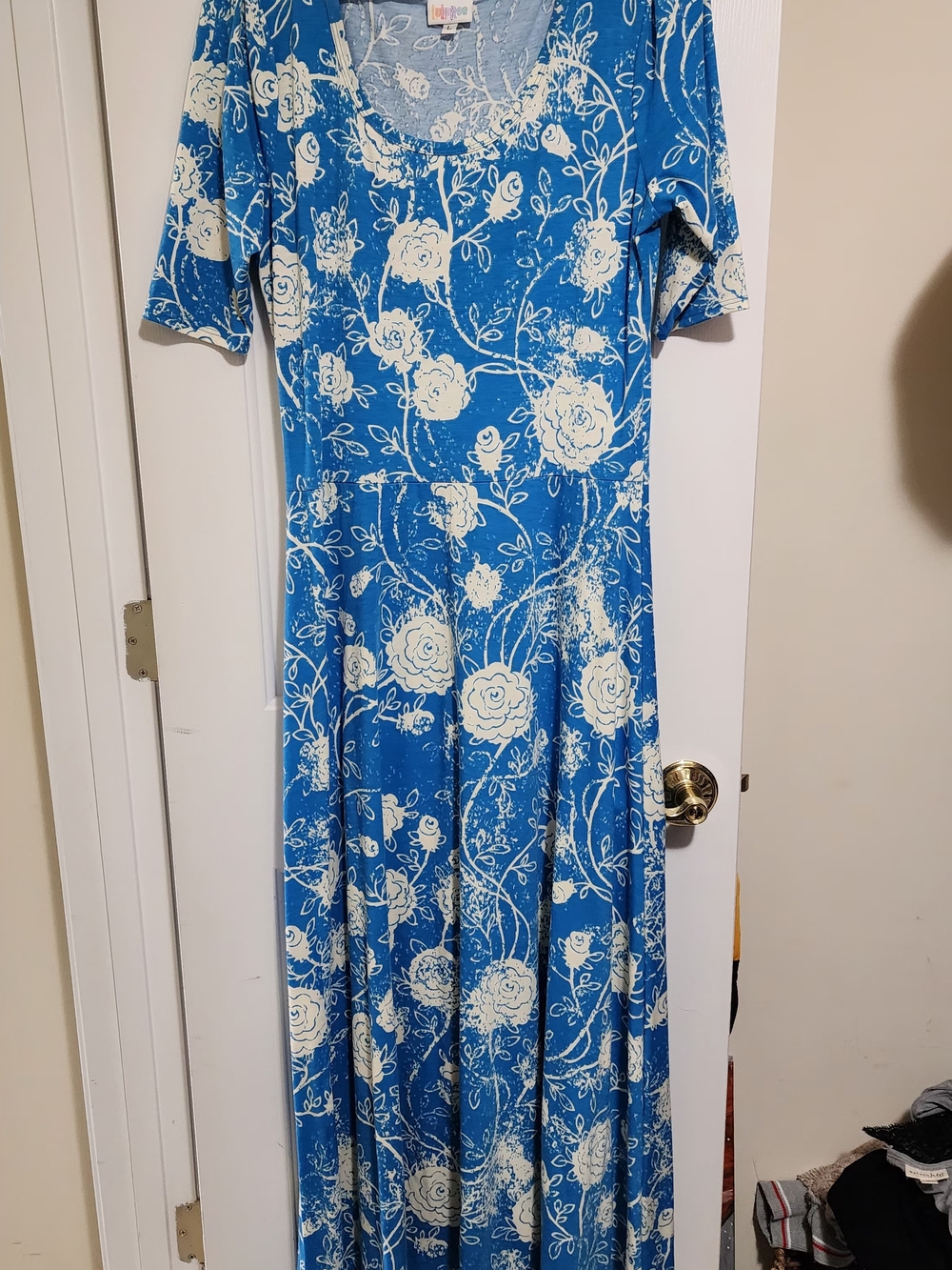 LuLaRoe Ana Blue Floral Maxi Dress with Cream Roses Large